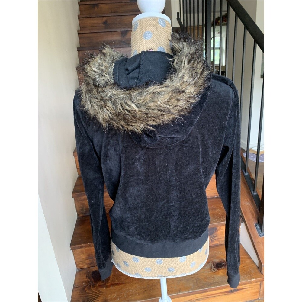 Y2K Vintage Juicy Couture Black Velour Faux Fur Track Jacket Small Mcbling Fall - Picture 3 of 8